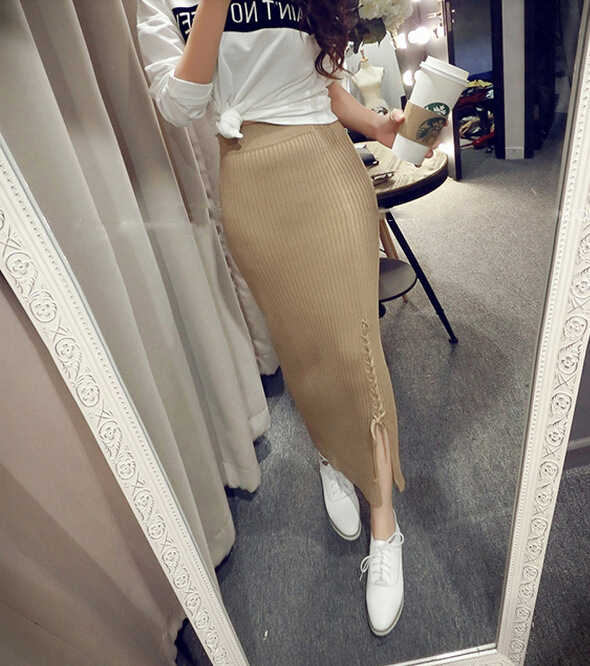 Autumn and winter new Korean-style lace-up slit high-waisted knitted body-hugging long skirt, one-step skirt, woolen skirt Item Picture