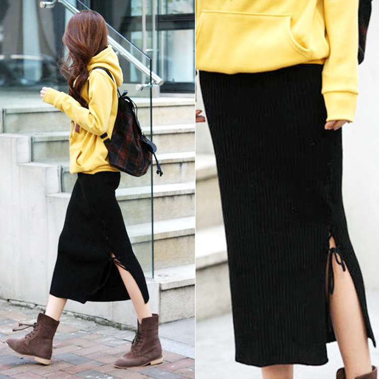 Autumn and winter new Korean-style lace-up slit high-waisted knitted body-hugging long skirt, one-step skirt, woolen skirt details Picture