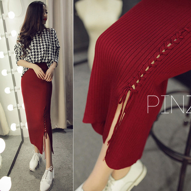 Autumn and winter new Korean-style lace-up slit high-waisted knitted body-hugging long skirt, one-step skirt, woolen skirt