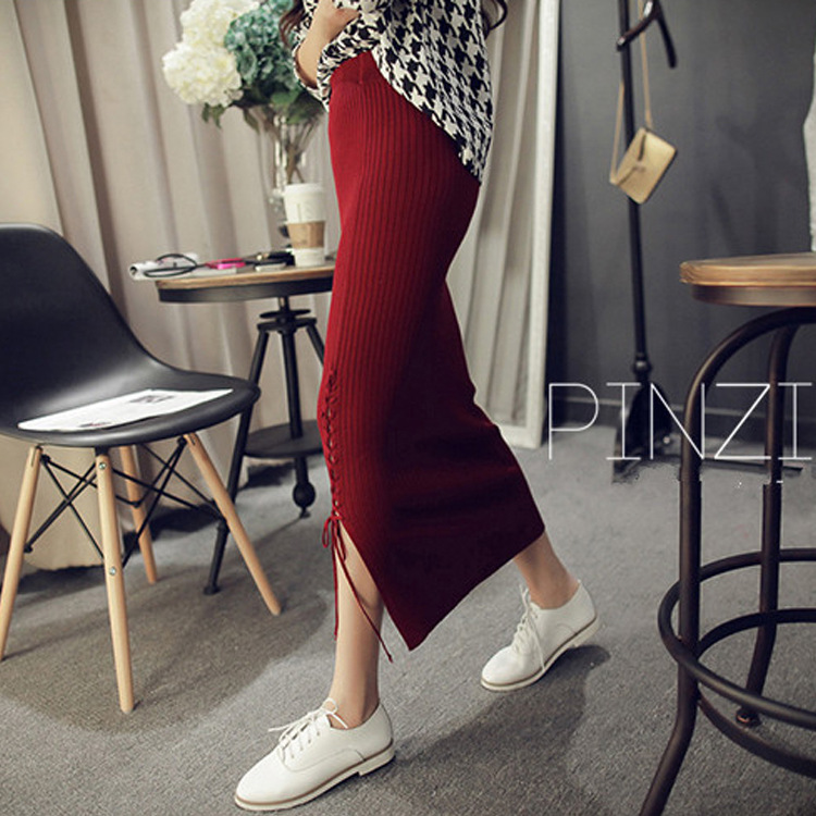 Autumn and winter new Korean-style lace-up slit high-waisted knitted body-hugging long skirt, one-step skirt, woolen skirt Specification image