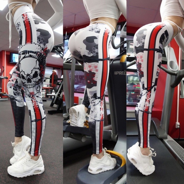 In-stock European and American best-selling women's spring skull-shaped digital print sexy hip-lifting nine-inch leggings details Picture