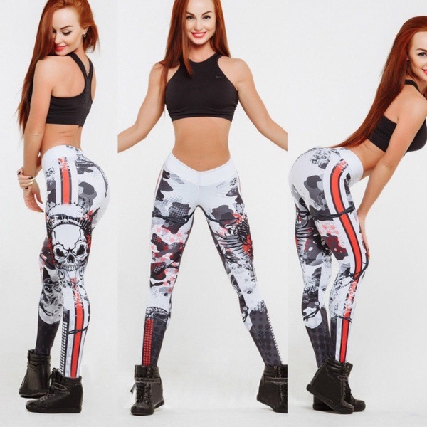 In-stock European and American best-selling women's spring skull-shaped digital print sexy hip-lifting nine-inch leggings Item Picture