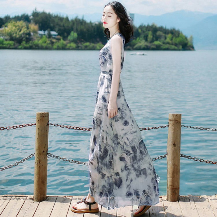 Summer 2020 new Korean-style women's dress, slimming sleeveless chiffon dress, long dress, beach vacation dress Specification image