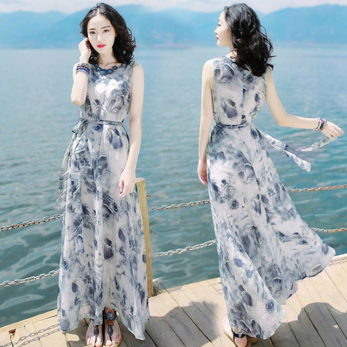 Summer 2020 new Korean-style women's dress, slimming sleeveless chiffon dress, long dress, beach vacation dress