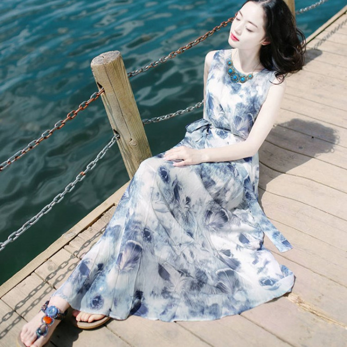 Summer 2020 new Korean-style women's dress, slimming sleeveless chiffon dress, long dress, beach vacation dress details Picture