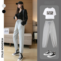Grey sports pants women loose feet autumn thin thin thin tube Harun wide legs INS tide casual pants women