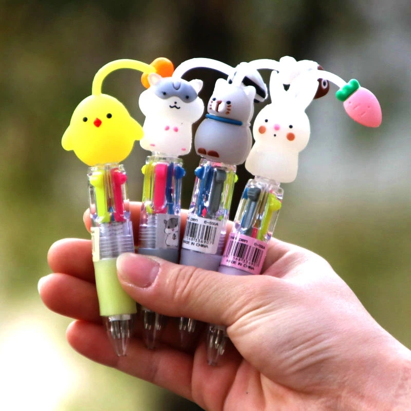 Stress-relieving four-color ballpoint pen, silicone cartoon head, cute doll, 4-color ballpoint pen, small mini portable ballpoint pen details Picture