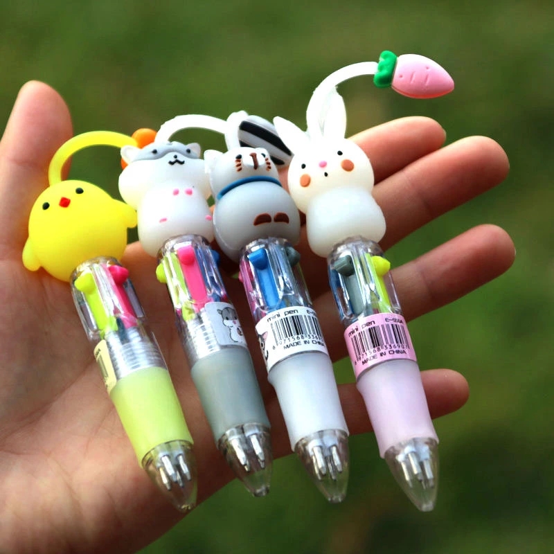 Stress-relieving four-color ballpoint pen, silicone cartoon head, cute doll, 4-color ballpoint pen, small mini portable ballpoint pen full figure