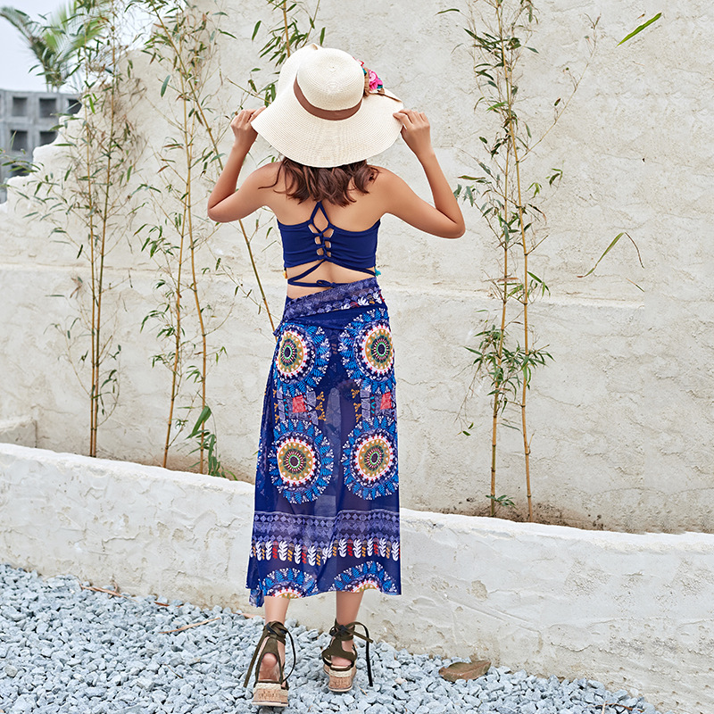 Wholesale of two-piece sexy three-piece suits with ethnic style beach shawl skirt and beautiful back for women Application Scenario