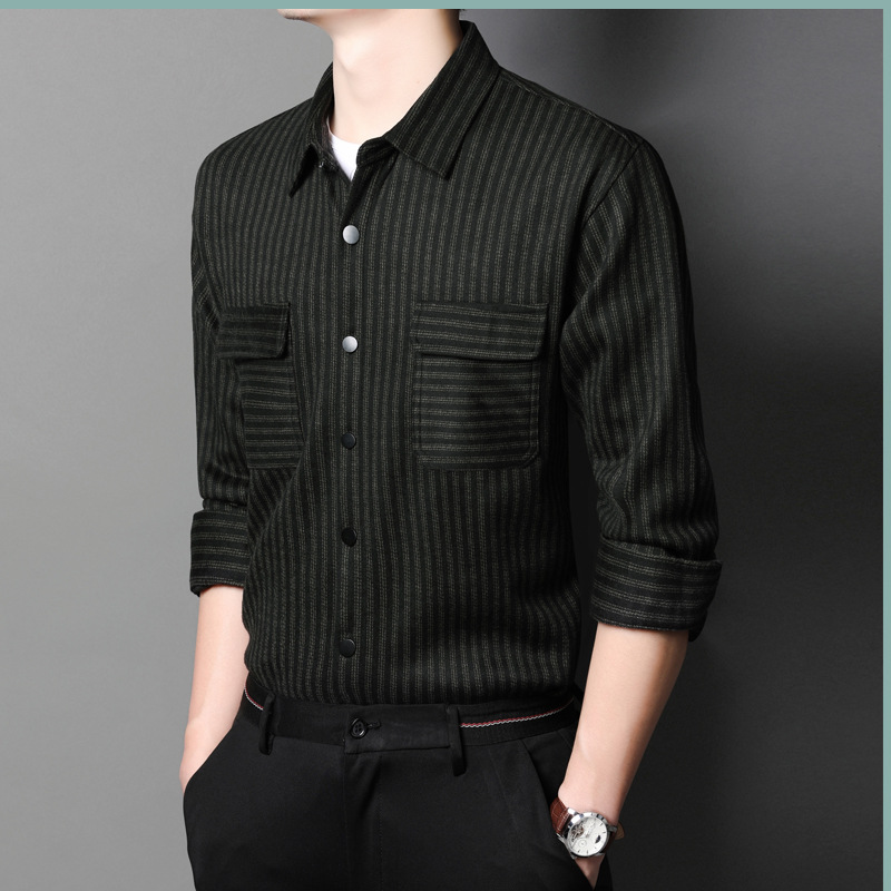 Spring new stripe shirt blended fabric monochrome long sleeve men's shirt light business youth