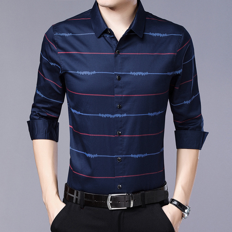 Middle age long sleeve men's shirt spring new men's business casual cotton shirt stripe men's wholesale