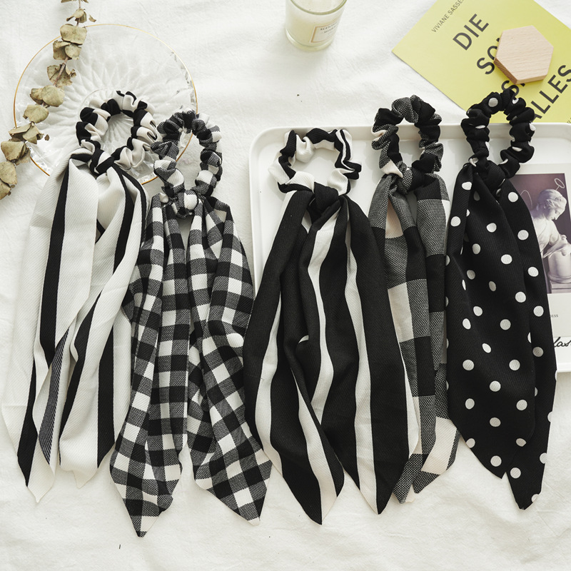 Autumn and winter black and white long large intestine band ribbon, European and American version two-in-one ponytail women's versatile hair tie cross-border hair band full figure