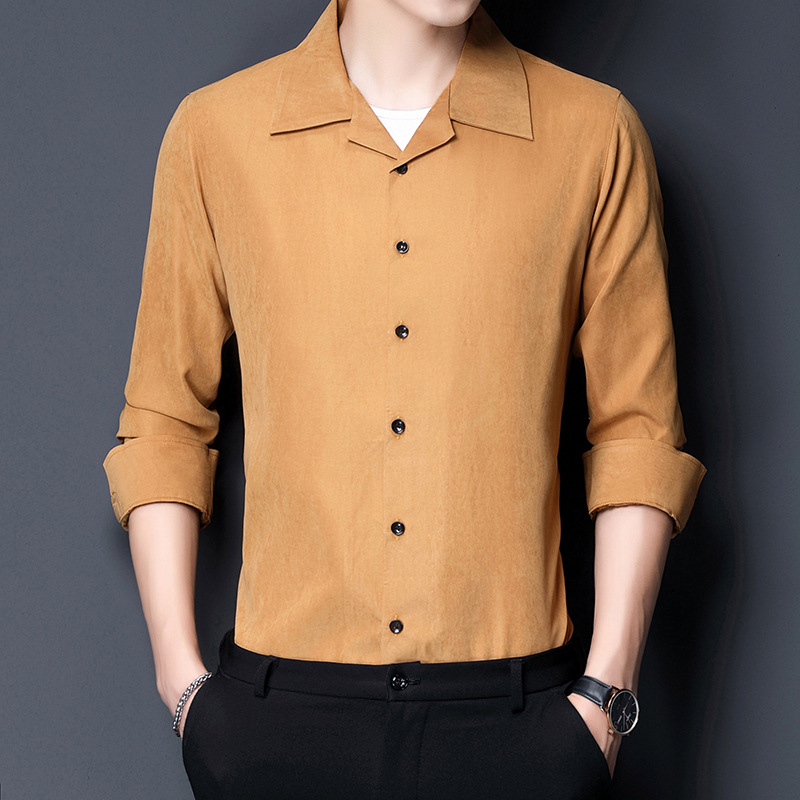 Spring and autumn large lapel retro silky shirt long sleeves spring and autumn new pure color men's shirt fashion trend edition