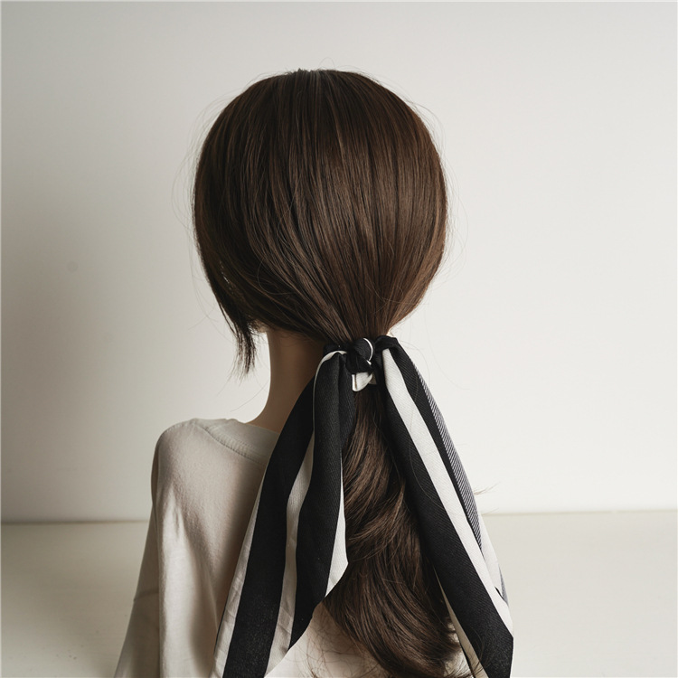 Autumn and winter black and white long large intestine band ribbon, European and American version two-in-one ponytail women's versatile hair tie cross-border hair band Specification drawing