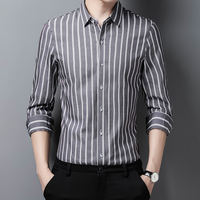 Young men's sleeve shirt spring new fashion Korean slim stripe long sleeve trend shirt wholesale