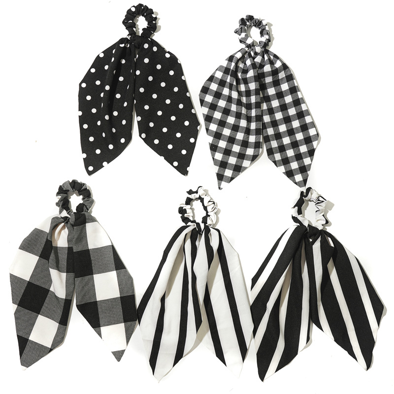 Autumn and winter black and white long large intestine band ribbon, European and American version two-in-one ponytail women's versatile hair tie cross-border hair band Item Picture
