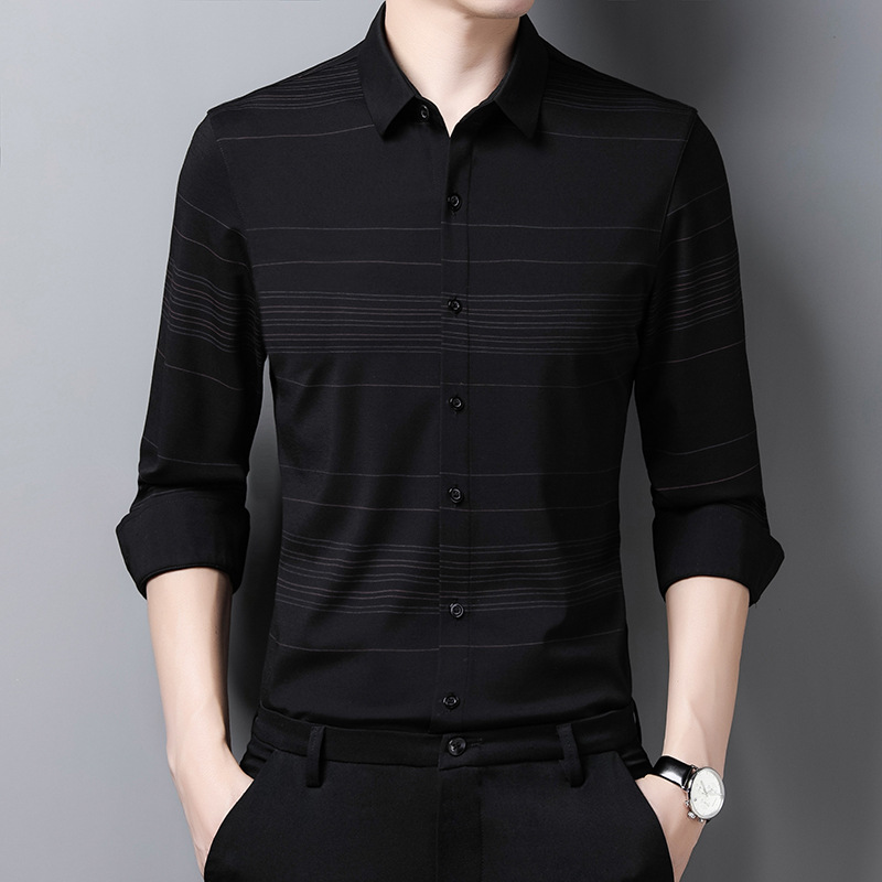Spring/fall new men's long sleeve horizontal stripe shirt Thin stretch fashion ice silk shirt fashion trend
