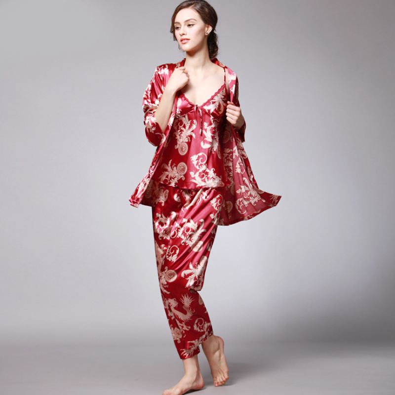 Cross-border silk pajama lady spring and summer dragon robe printed silk home clothes three sets manufacturers wholesale trend