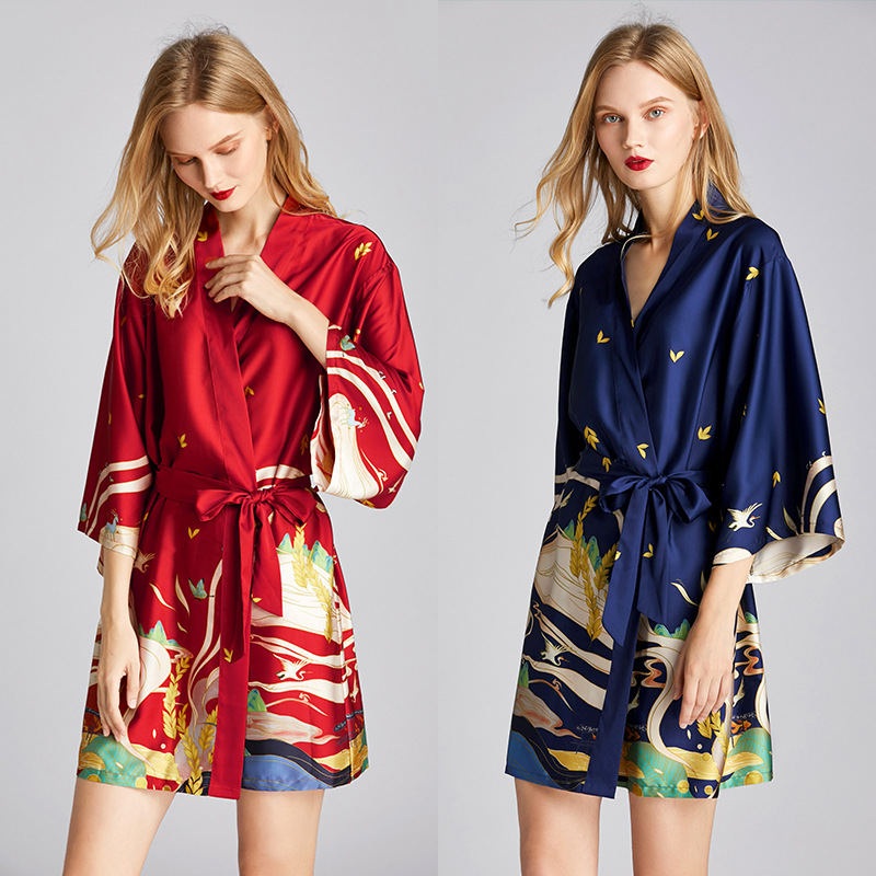 Women's summer silk nightgown Bathrobe morning gown large size printed home dress Women's summer thin single robe 1605