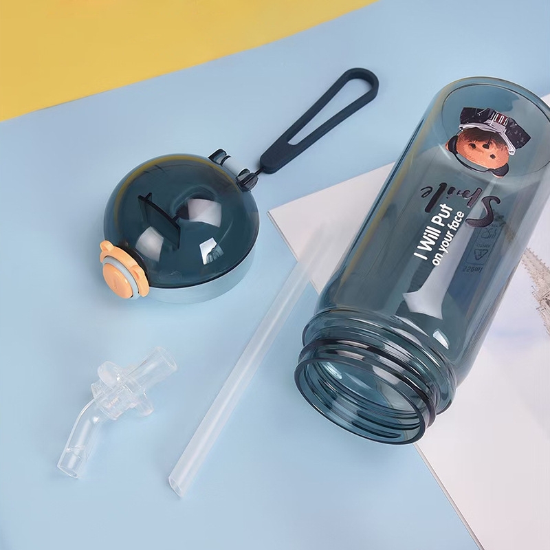 Fashionable cartoon bear plastic cup, sports outdoor lockable pop-up lid straw cup, sealed and leak-proof premium student water cup Specification drawing