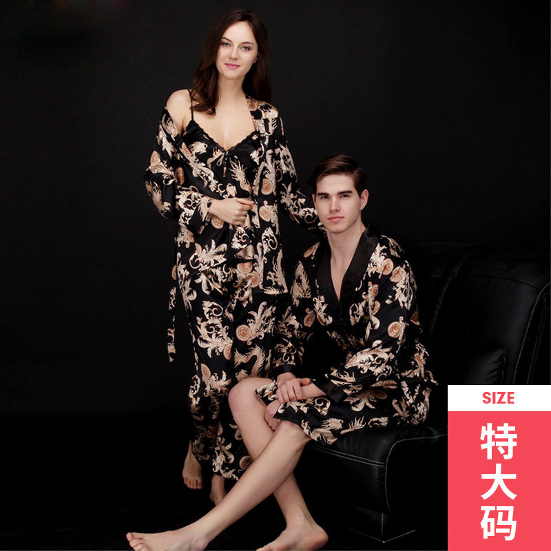Silk couple nightgown Ladies summer three-piece suit long sleeved dressing gown bathrobe home dress