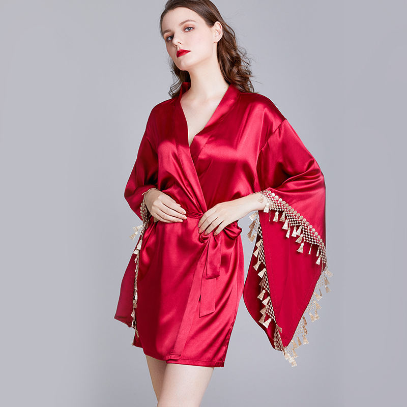 Cross border nightgown Lady spring/summer silk nightgown wedding makeup gown wide sleeve cardigan gown bridal robe wholesale