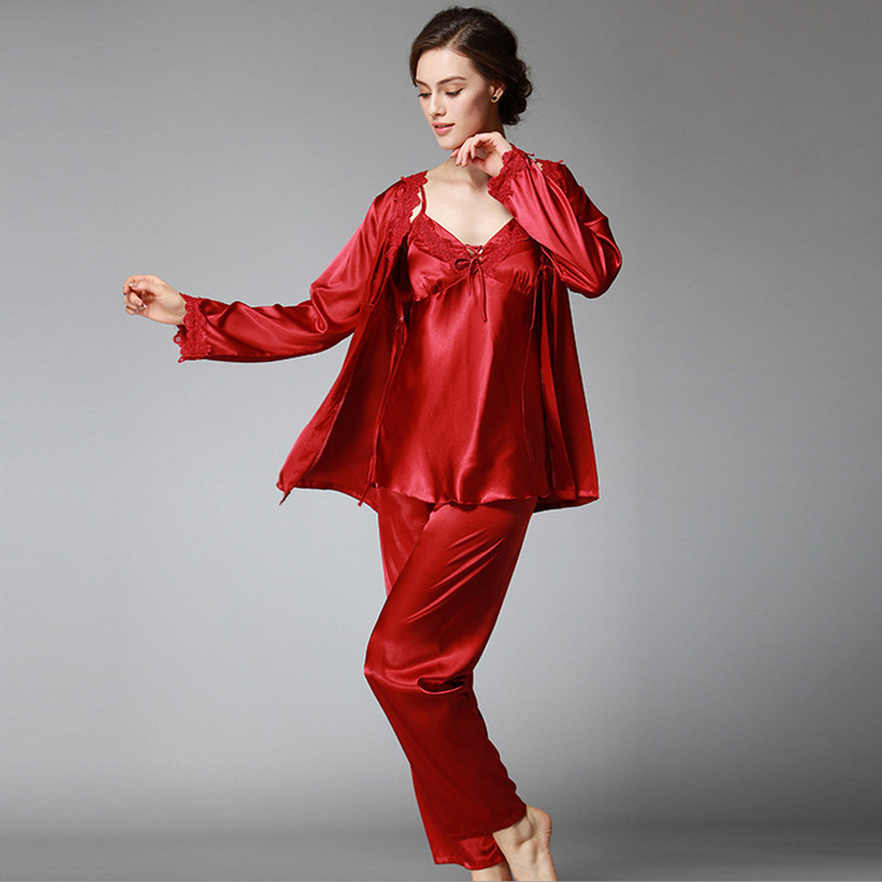 Silk pajamas lady spring long sleeves pants three suits large size home clothing manufacturers wholesale 196
