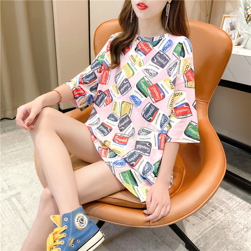 Pure cotton mid-length short-sleeved T-shirt skirt for women's summer wear, a super popular online celebrity. Loose European station top for women's T-shirt for women Item Picture