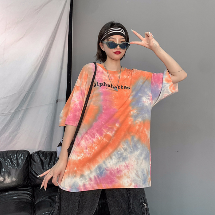 New Korean-style tie-dyed and embroidered lettered couple's summer short-sleeved T-shirts for women on Instagram, trendy women's wear 20 details Picture
