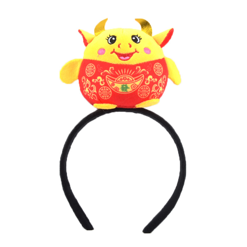 Red New Year's headband, New Year's Eve hair accessory, New Year's Year of the Ox hair band, face wash hair band, plush cartoon and cute Item Picture