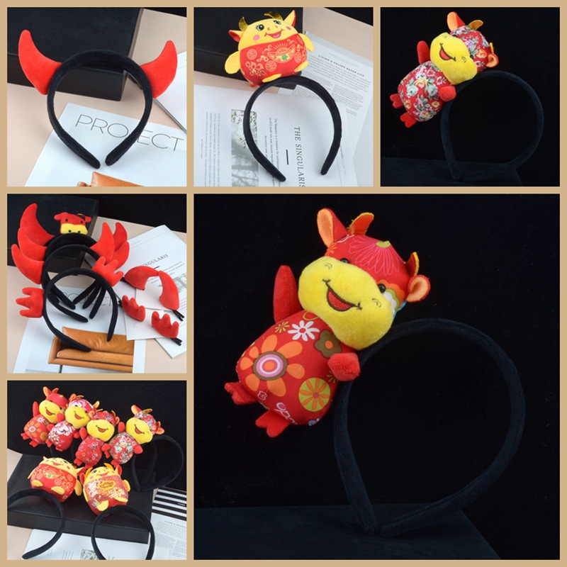 Red New Year's headband, New Year's Eve hair accessory, New Year's Year of the Ox hair band, face wash hair band, plush cartoon and cute details Picture