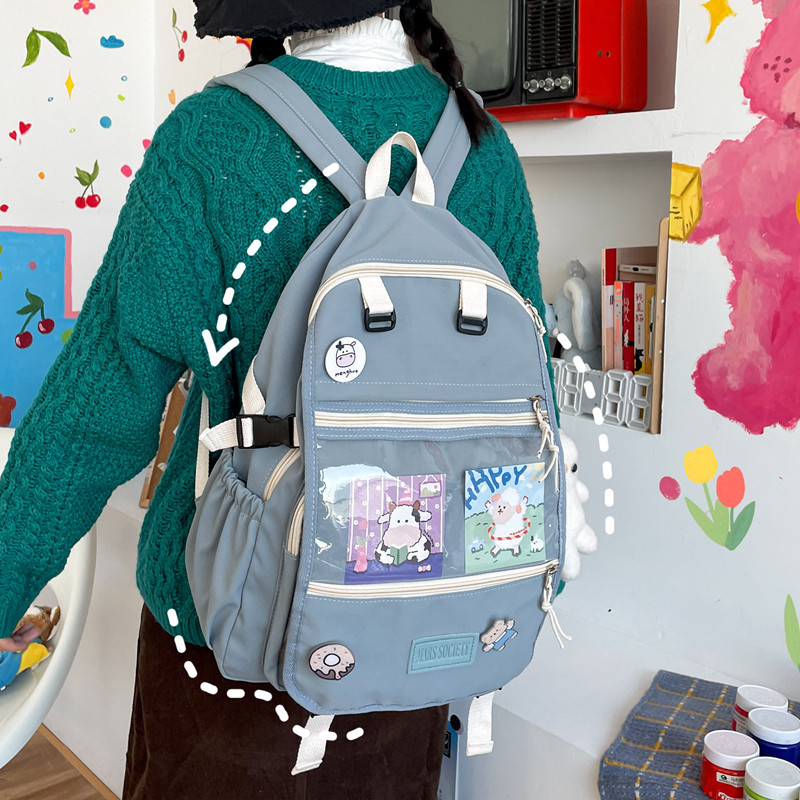 Campus art schoolbag for girls, Korean version of Instagram, Harajuku middle school students, multi-pocket large capacity backpack, card nylon backpack Specification drawing