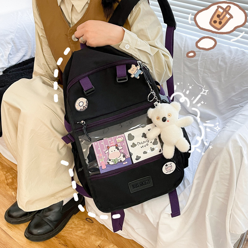 Campus art schoolbag for girls, Korean version of Instagram, Harajuku middle school students, multi-pocket large capacity backpack, card nylon backpack details Picture