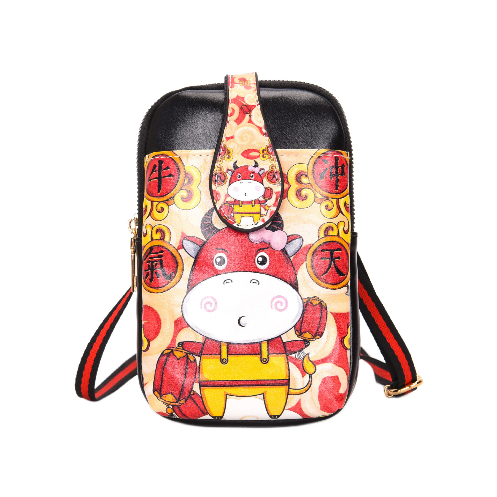 2022 New Year of the Ox mobile phone crossbody bag, fashionable printed women's coin purse, cute cartoon mini single-shoulder bag Item Picture