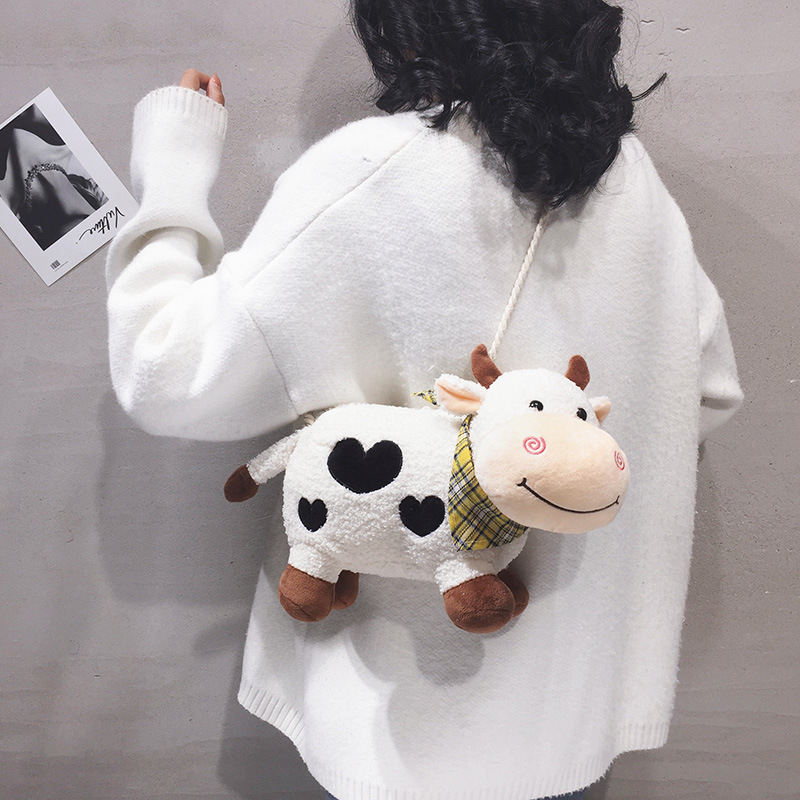 2022 New Cute cow plush mini Bag, Girls' cartoon Versatile furry Doll bag, Girls' single-shoulder crossbody bag details Picture