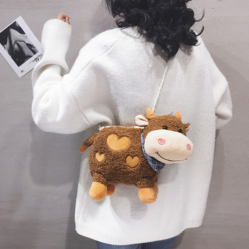 2022 New Cute cow plush mini Bag, Girls' cartoon Versatile furry Doll bag, Girls' single-shoulder crossbody bag full figure
