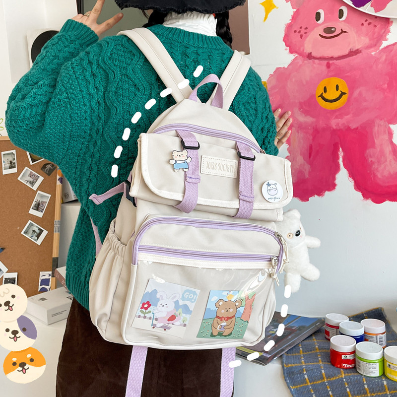 Campus art schoolbag for girls, Korean version of Instagram, Harajuku middle school students, multi-pocket large capacity backpack, card nylon backpack full figure