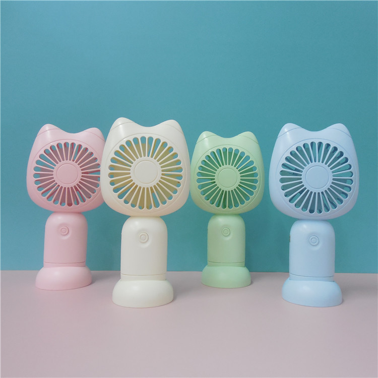 Cartoon cute cat usb charging handheld strong wind fan with base, 2 wind speed Settings, convenient gift logo customization full figure