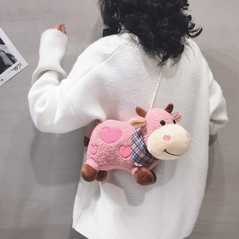 2022 New Cute cow plush mini Bag, Girls' cartoon Versatile furry Doll bag, Girls' single-shoulder crossbody bag Specification drawing