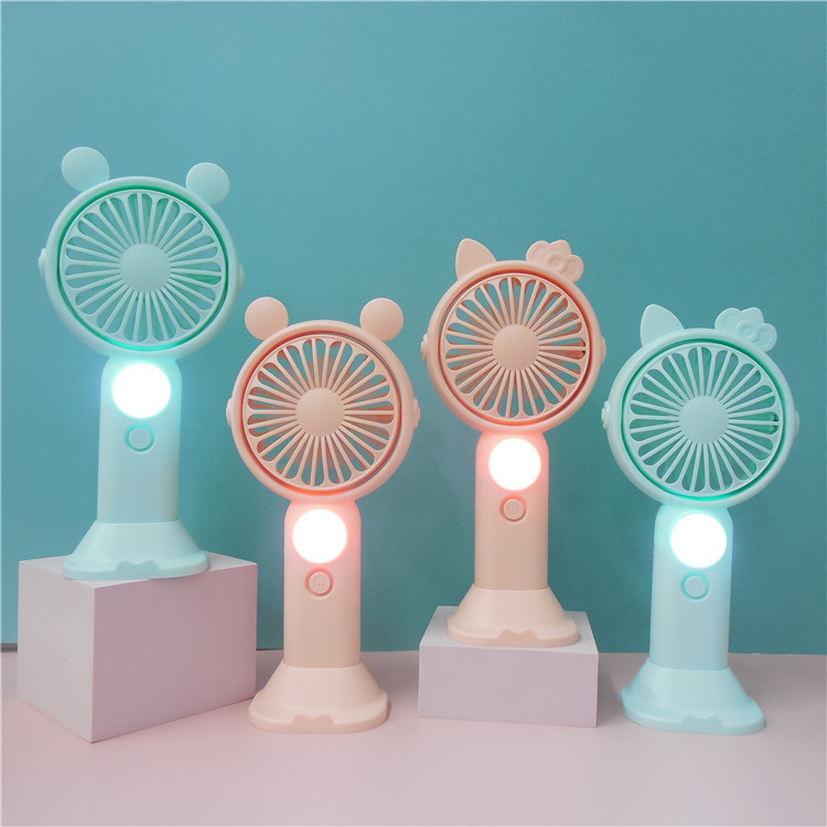 Mini cartoon cat fan with LED night light, desktop phone stand, two-speed wind outdoor portable fan details Picture