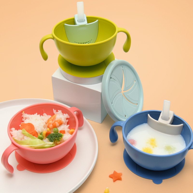 New silicone straw baby bowl for infants and children, suction cup type soup drinking straw bowl