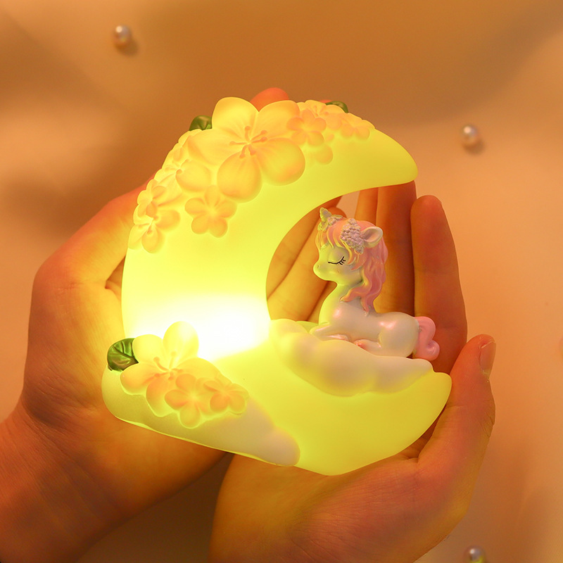 Creative gifts, resin handicrafts, unicorn moon night light ornaments, girlish heart, ins style bedroom decorations full figure