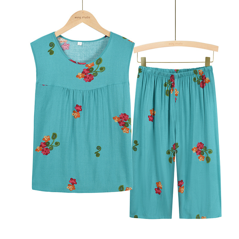 Summer casual vest set for middle-aged and elderly women, mother's wear, cotton and linen short-sleeved women's home wear, two-piece top set