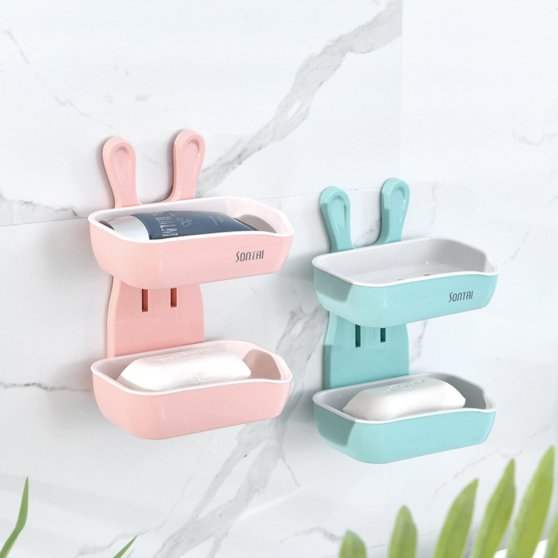 The fashionable and creative "Little White Rabbit" double-layer soap box is simple and convenient. It doesn't require drilling and leaves no marks. It can be used as a home bathroom soap box details Picture