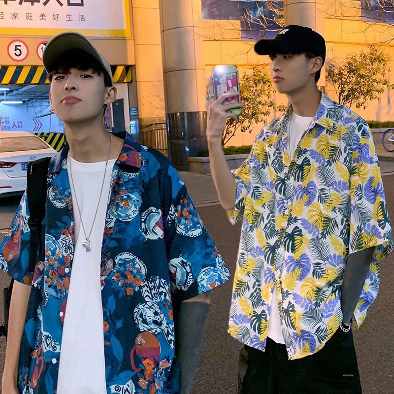 Loose short-sleeved shirt on Instagram, Hawaiian Korean style beach flower shirt, couple beach vacation top for men and women