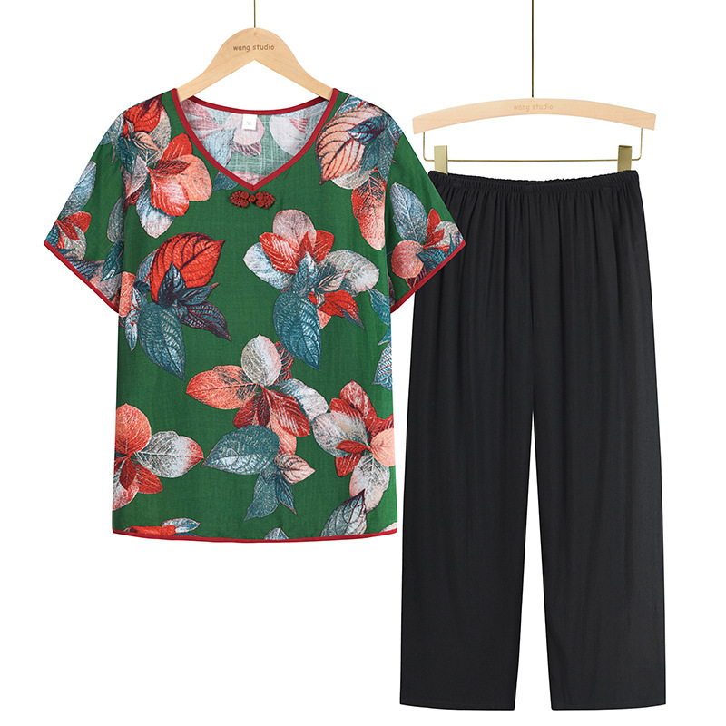 Mom's summer new plus-size women's set, short-sleeved T-shirt, loose cotton and linen top for middle-aged and elderly women's wear, two-piece set details Picture