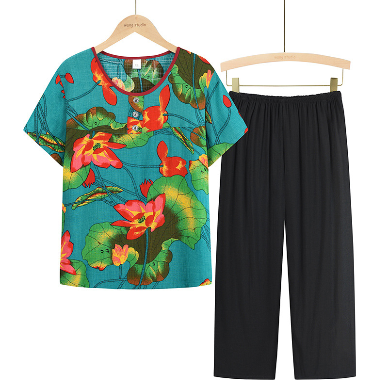 Two-piece summer suit for middle-aged and elderly women, summer set for mothers, new short-sleeved T-shirt top for 50-60 years old