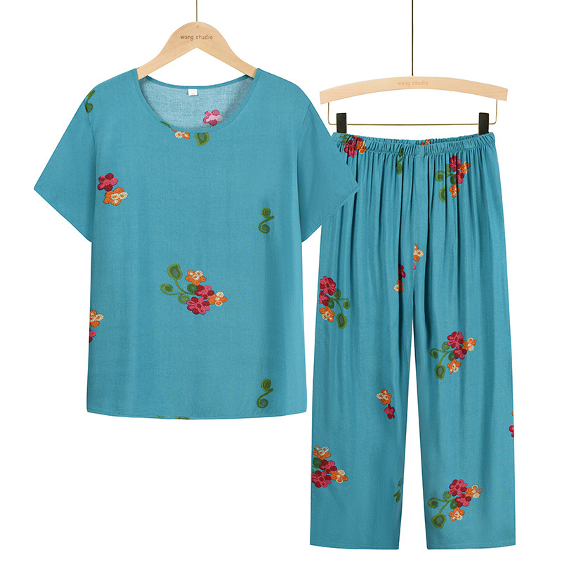 Summer women's clothing set for middle-aged and elderly people, cotton and linen short-sleeved two-piece, loose and large-sized mom's dress embroidered summer top set