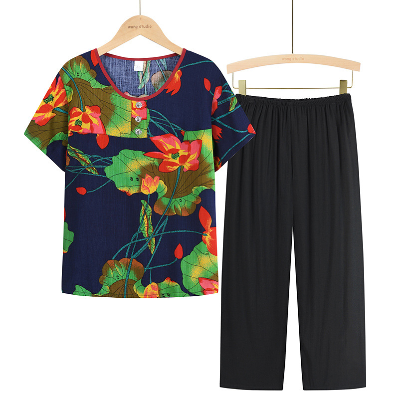 Two-piece summer suit for middle-aged and elderly women, summer set for mothers, new short-sleeved T-shirt top for 50-60 years old details Picture