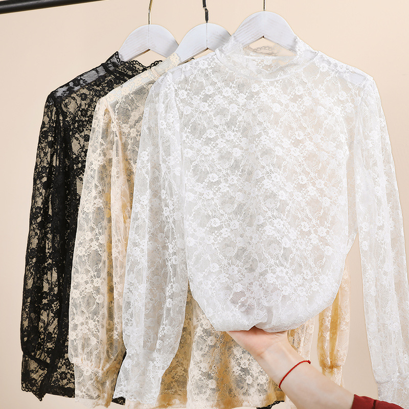 Lace base layer, spring style women's long-sleeved top, paired with a plate-sized top on chiffon, stylish and slimming, loose and plump girl French women's wear